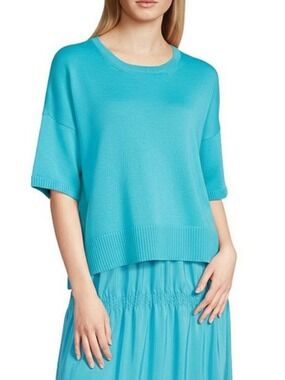 Eileen Fisher Turquoise Crew Neck Top Short Sleeve Organic Cotton Sweater L